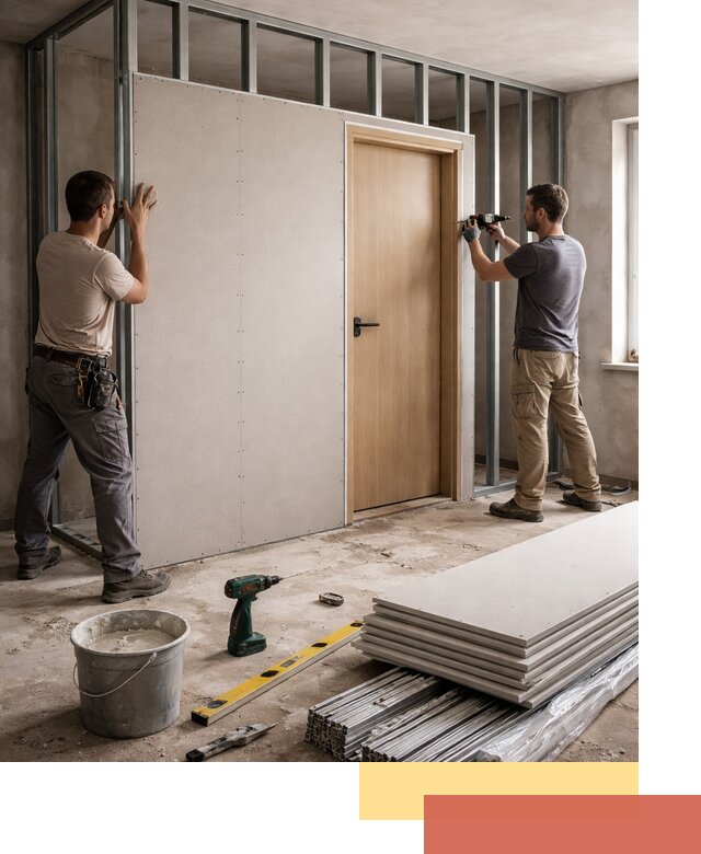 Перегородка из гипсокартона с дверью под ключ в Кохме