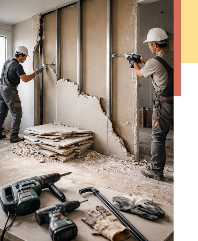 Демонтаж перегородки из гипсокартона в Кохме от 1247 руб. быстро и недорого | ОТДЕЛОЧНИК-Кхм
