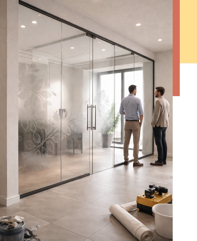 Стеклянные перегородки с рисунком в Кохме от 12985 руб. монтаж и нанесение | ОТДЕЛОЧНИК-Кхм