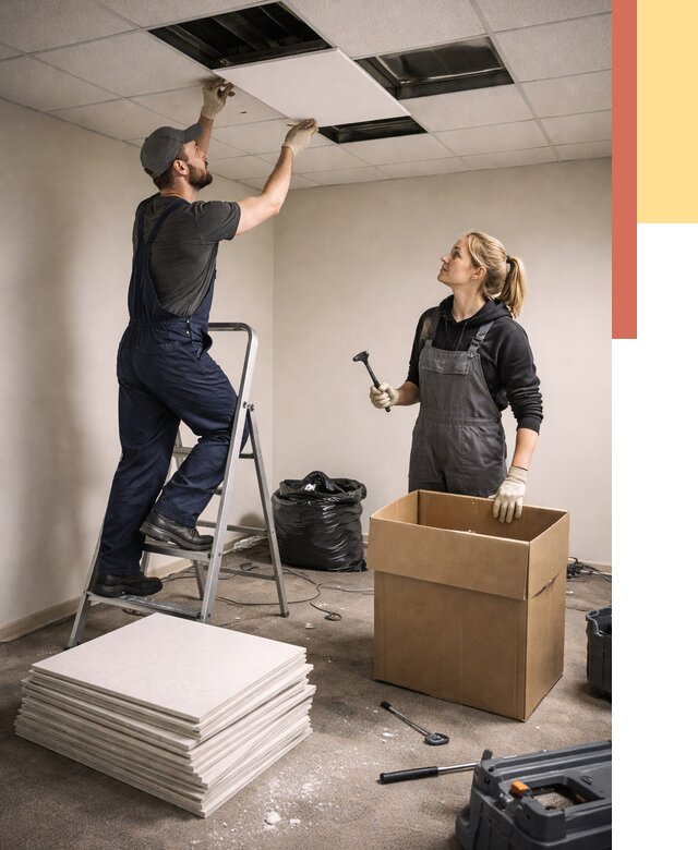 Демонтаж потолочной плитки в Кохме от 4675 руб. быстро и недорого | ОТДЕЛОЧНИК-Кхм