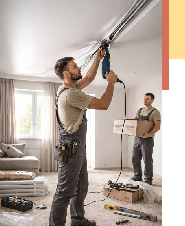 Монтаж сатинового натяжного потолка в Кохме от 3636 руб. | Быстро, недорого — ОТДЕЛОЧНИК-Кхм