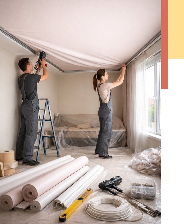 Монтаж цветного натяжного потолка в Кохме от 4363 руб/м² — быстро и недорого | ОТДЕЛОЧНИК-Кхм