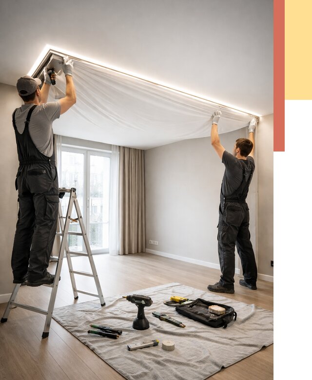 Монтаж парящего натяжного потолка в Кохме от 4675 руб. быстро и недорого | ОТДЕЛОЧНИК-Кхм