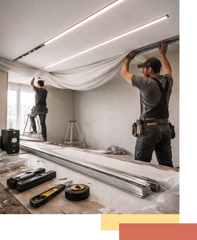 Монтаж натяжных потолков со световыми линиями в Кохме