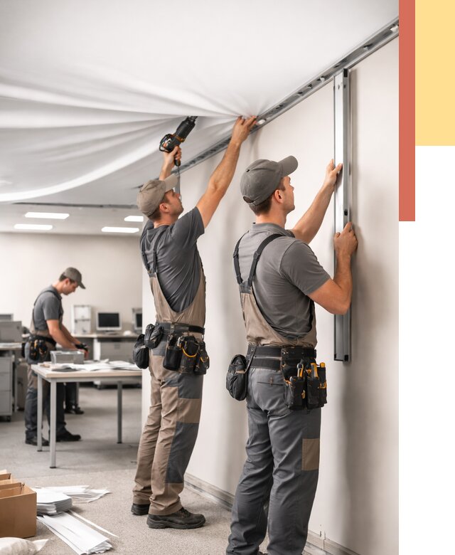 Монтаж натяжного потолка в офисе в Кохме от 467 руб/м² — быстро и недорого | ОТДЕЛОЧНИК-Кхм