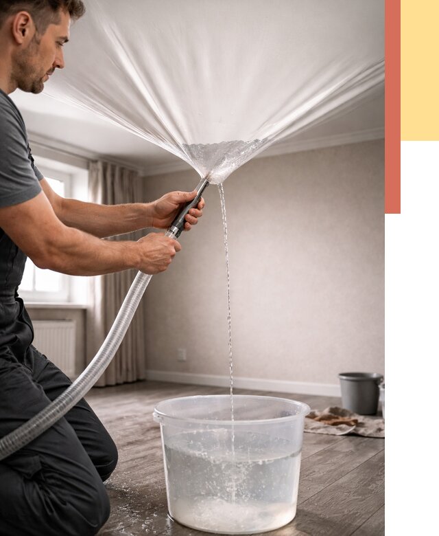 Слив воды с натяжного потолка в Кохме от 2597 руб. быстро и недорого | ОТДЕЛОЧНИК-Кхм